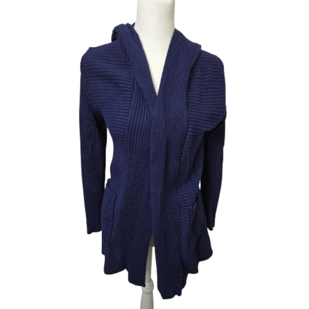Honey Belle Navy Blue Ribbed Knit Hooded Cardigan Sweater Women's Size Small